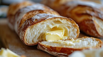 A close-up of a warm baguette sliced open with butter spread inside