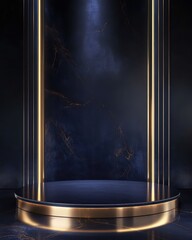 Elegant navy blue podium with golden lines, minimalist luxury background, illuminated for product display