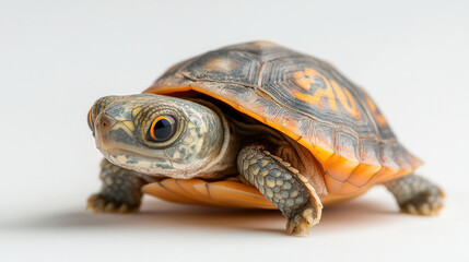 Obraz premium Sweet 4 month old baby turtle peeking out with curious eyes, showcasing its vibrant shell and intricate patterns. delightful moment of nature beauty