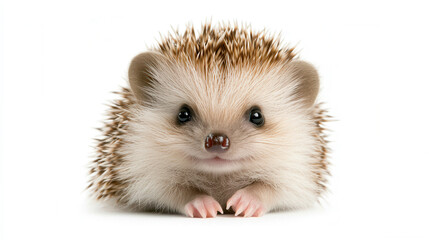 Obraz premium Sweet 4 month old hedgehog curled up on white background, showcasing its adorable features and soft fur. This charming creature evokes warmth and joy
