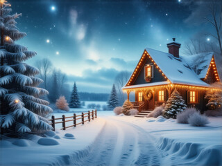 クリスマスの風景　白い雪　ロッジ　小屋　イルミネーション