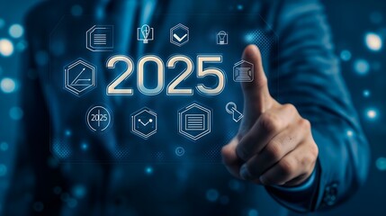 Fototapeta premium 2025 New Year Future Business Tech Company Development Innovation Creative Idea Artificial Intelligence AI Digital Computer Technology - Data Online Security, A Man Touching The Graphic Icon.