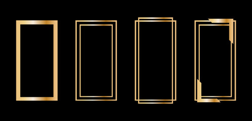 Set of four gradient gold frames, vertical, luxury and exotic gold border line on black background.