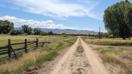 A rural dirt road with an old wooden fence on one side, separating green pastures from the path