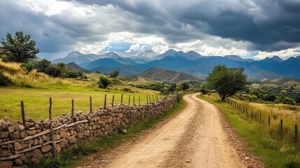 Obraz premium A rural road bordered by a stone fence, with mountains rising in the background under a cloudy sky
