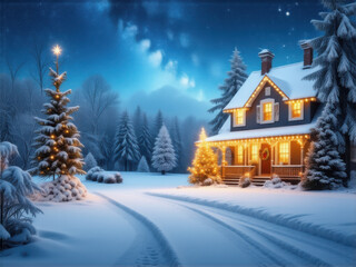 クリスマスの風景　白い雪　ロッジ　小屋　イルミネーション