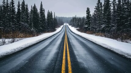 Obraz premium A rural road leading through a snow-covered forest, the empty path stretching ahead under a cold, grey sky