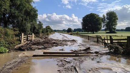 A rural road submerged in water after flooding, with debris and broken fences scattered across the surface