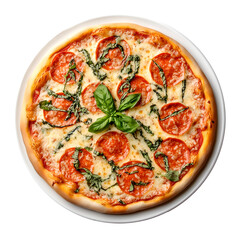 Delicious pepperoni pizza with fresh basil leaves on a white plate isolated on white background, cut out