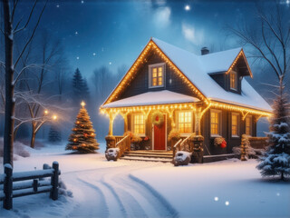 クリスマスの風景　白い雪　ロッジ　小屋　イルミネーション