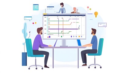 Team of coworkers gathered around a computer monitor displaying a Gantt chart