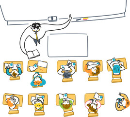 小学校の授業風景　ちょっとだらけた雰囲気の教室　俯瞰図　ストックイラスト素材
