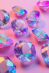 Fototapeta premium Large, shimmering, diamond-shaped gems are scattered on a vibrant pink background, creating a luxurious and glamorous visual