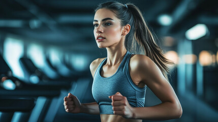Fototapeta premium Athletic muscle young woman in sportswear running and exercising on treadmill in gym. Positive healthy lifestyle and sports side view