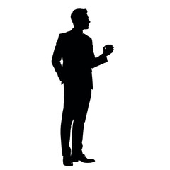 A businessman silhouette standing and drinking coffee, with one hand holding a coffee cup near his mouth