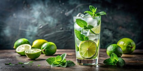 Refreshing mojito cocktail served in a highball glass with lime and mint leaves, mojito, cocktail, drink, lime, mint