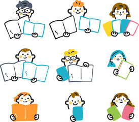 教科書や本、ノートを掲げる小学生たち　セットのストックイラスト素材
