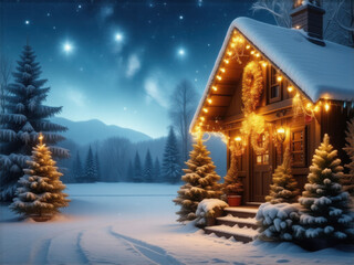 クリスマスの風景　白い雪　ロッジ　小屋　イルミネーション