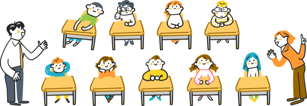 机に座る小学生たちと熱心に説明する先生たち　セットのストックイラスト素材
