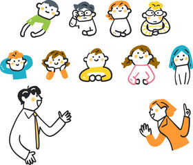 小学生たちと熱心に説明する先生たち　セットのストックイラスト素材
