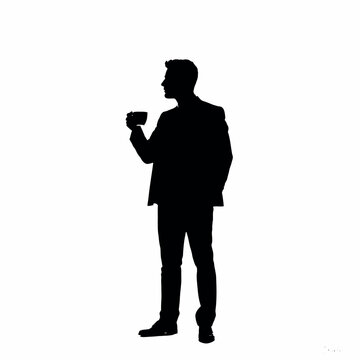 recommend clip art: A businessman silhouette standing and drinking coffee, with one hand holding a coffee cup near his mouth