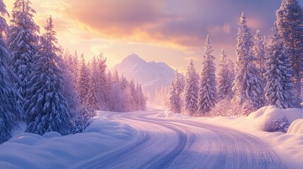 A snow-covered road curving gently through a winter landscape, with snow-capped trees on either side