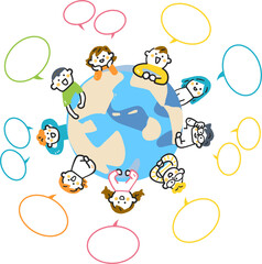 地球を囲んで会話する小学生たち　ストックイラスト素材
