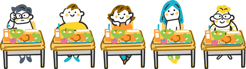 給食が用意された机に座る5人の小学生　セットのストックイラスト素材

