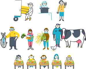 給食と食材の生産者給食を作ったり配達してくれる人々　セットのストックイラスト素材
