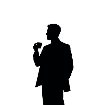 recommend clip art: A businessman silhouette standing and drinking coffee, with one hand holding a coffee cup near his mouth