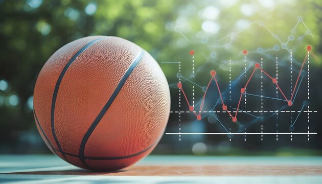 Basketball with Overlaid Line Graph on a Blurry Green Background - Powered by Adobe
