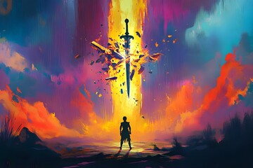 Obraz premium Warrior Looking Up at Huge Shattered Sword Floating