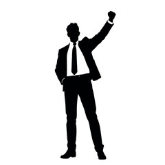 Obraz premium A businessman silhouette standing with a raised fist, giving a motivational gesture