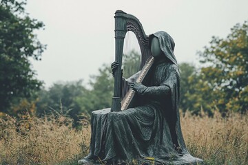 Mysterious Hooded Figure Playing Harp in Serene Field
