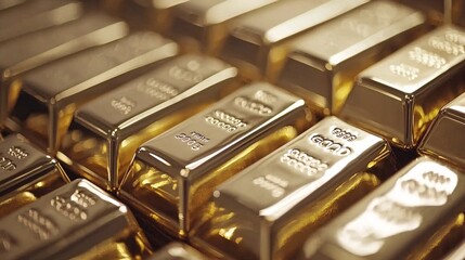 A close-up of gleaming gold bullion bars stacked neatly, set against a white background with ample copy space, ideal for analysis and financial investment concepts.