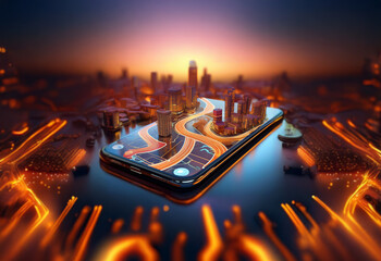 A city skyline on a smartphone screen is surrounded by glowing lines against a dark backdrop.