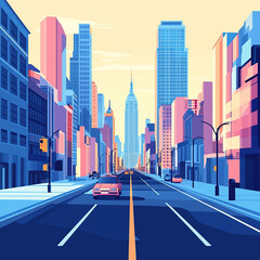 Fototapeta premium A simple, flat vector illustration of the cityscape, featuring skyscrapers and street lights