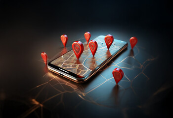 A smartphone lays on a dark surface with red location pins scattered around it.