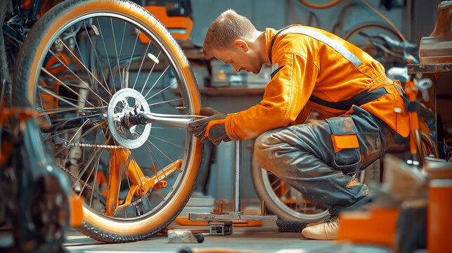 A man in an orange jumpsuit repairs a bicycle wheel in a workshop.