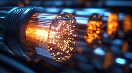 Vibrant optical fibers glowing in multiple colors against a dark background