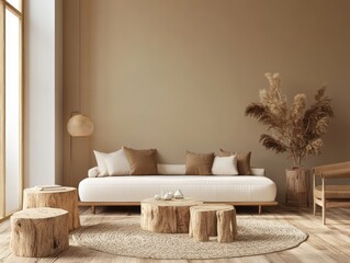 Hazelnut walls, wooden furniture, and soft lighting in a minimalist winter living room, providing a warm and welcoming space