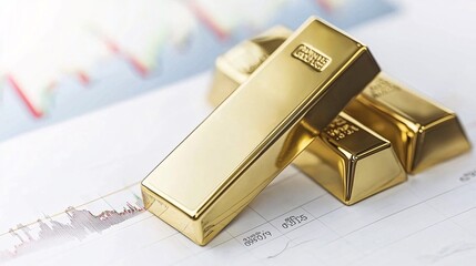 Gold bars positioned on top of stock market graphs, highlighting gold's role in financial portfolios, with copy space on the sides.