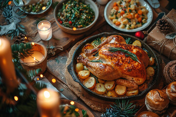 Christmas and New Year dinner. Roasted turkey on the festive table.