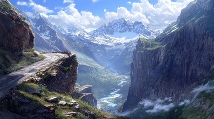 A winding road etched into the side of a rocky mountain, with snow-capped peaks looming in the distance and a deep gorge below