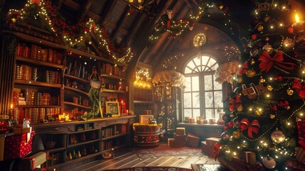 The magical Christmas workshop, Cozy christmas scene with decorations, a warming fireplace and a christmas tree, Happy christmas, full of seasons greetings