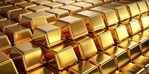 Fototapeta premium Beautiful rendering of gold bar stacked on gold bullions , banking, finance, concept, wealth, investment, treasure, secure, rich