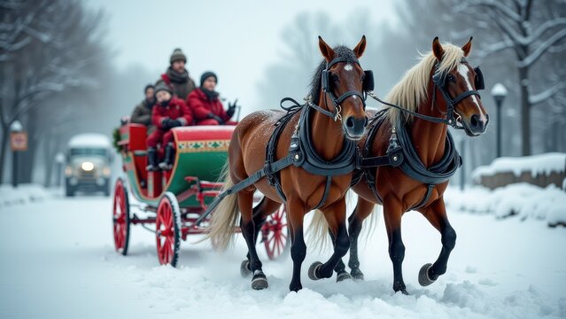 Festive carriage drawn by three horses travels through a snowy landscape, adorned with garlands and warm lights, evoking a classic winter tale.