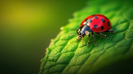 Fototapeta premium A macro photograph of a ladybug on a leaf, showing