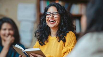 A joyful gathering of elderly women at a cozy book club, sharing laughter and stories in a warm living room