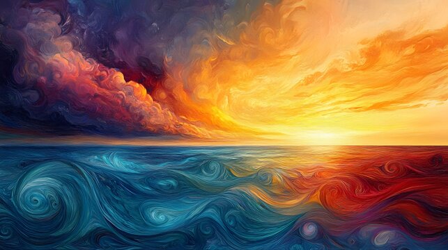 Calming Rhythms captured in a gentle swirl of colors that mimic the horizon at sunset, promoting a sense of warmth and relaxation